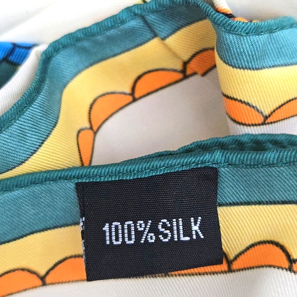 NWOT 100% SILK Scarf 'Flower Cart' Cream, Orange, Blue, Green 130cm Sq. - Picture 3 of 12